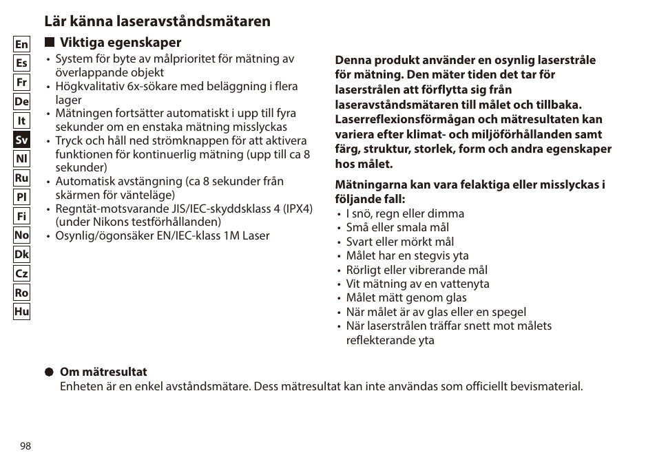 Lär känna laseravståndsmätaren, Viktiga egenskaper | Nikon 6x20 Prostaff 1000 Rangefinder User Manual | Page 98 / 276