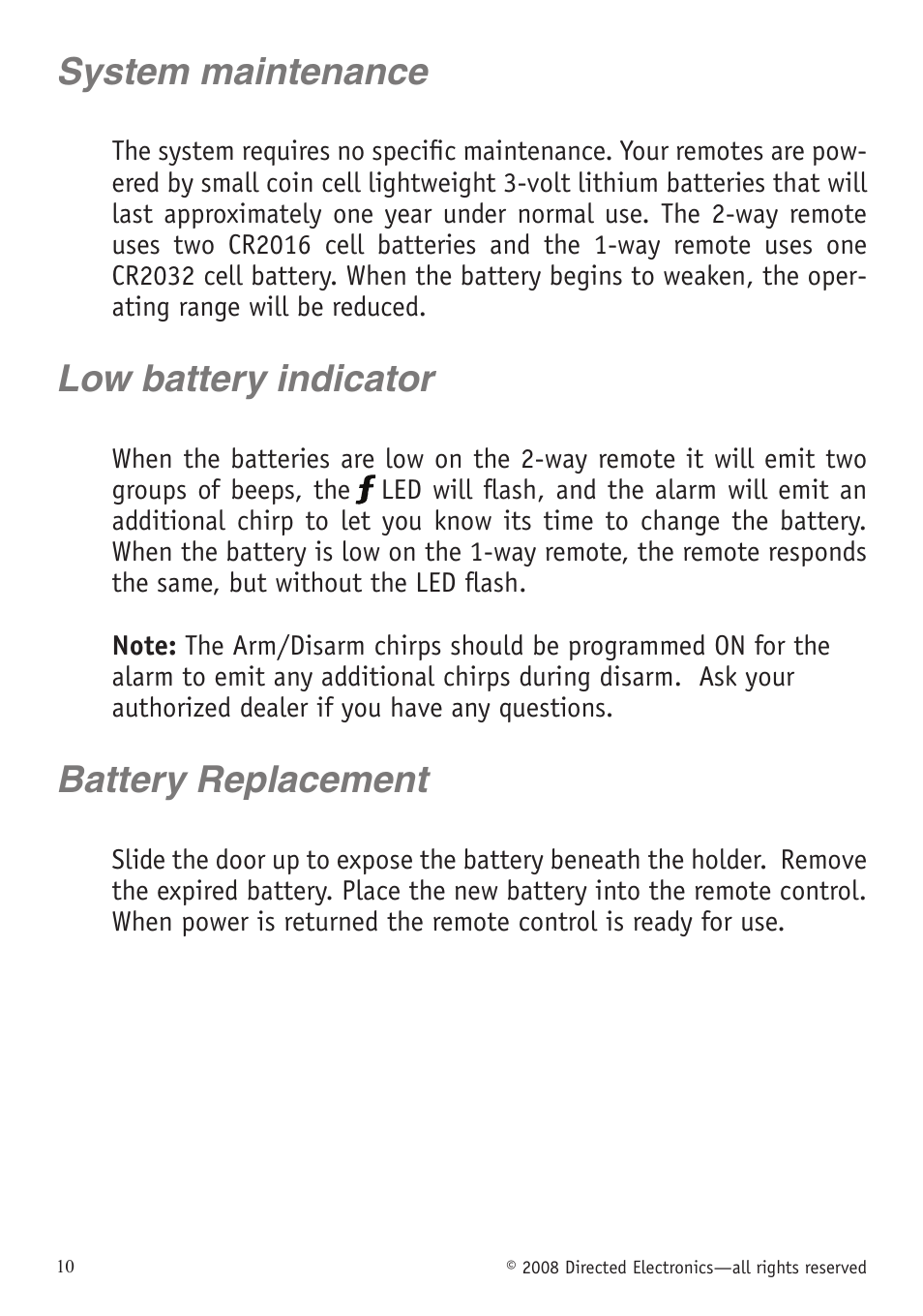 System maintenance, Low battery indicator, Battery replacement | Directed Electronics VIPER 5701 User Manual | Page 16 / 56