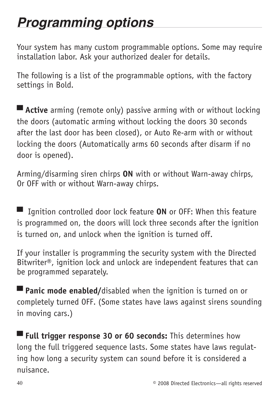 Programming options | Directed Electronics VIPER 5701 User Manual | Page 46 / 56