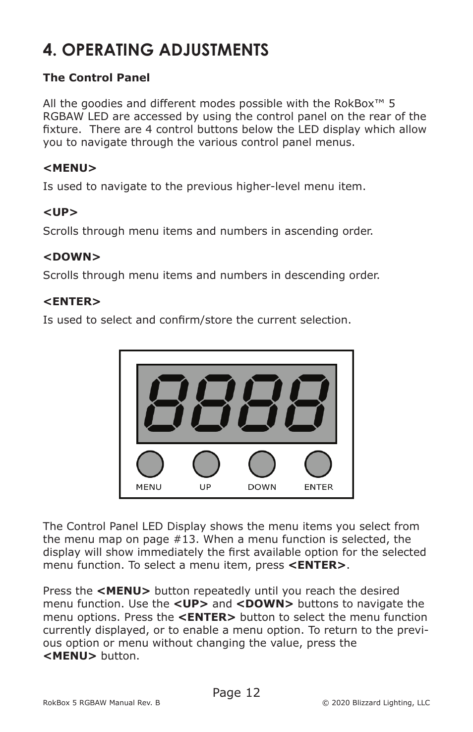 Operating adjustments | Blizzard RokBox 5 RGBAW Color Wash LED Fixture User Manual | Page 12 / 20
