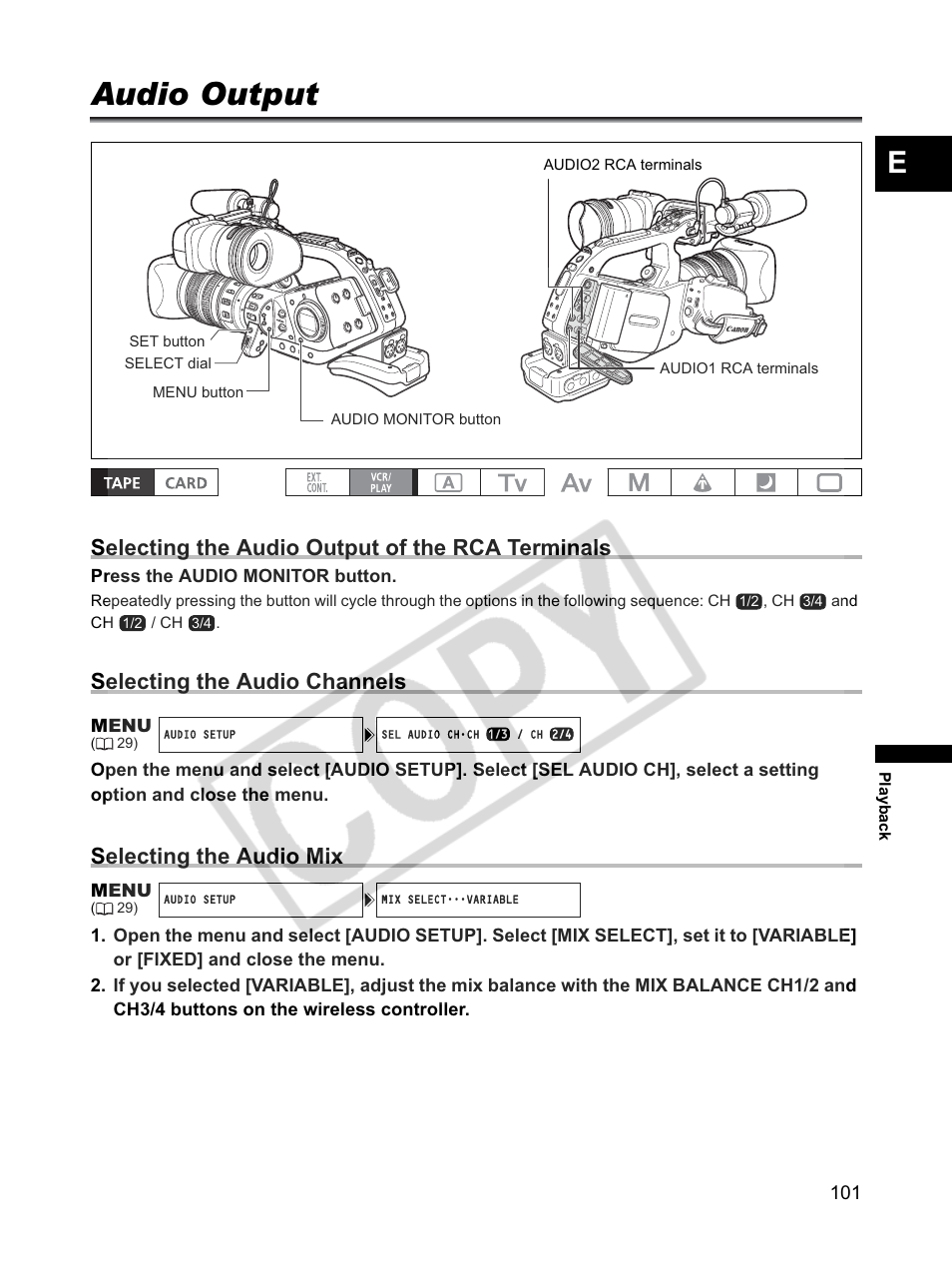 Audio output, Selecting the audio output of the rca terminals, Selecting the audio channels | Selecting the audio mix | Canon XLH1 User Manual | Page 101 / 157