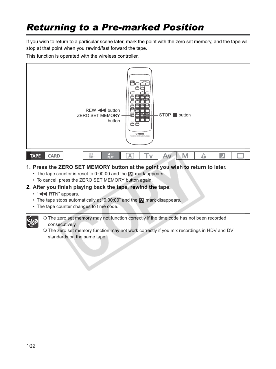 Returning to a pre-marked position | Canon XLH1 User Manual | Page 102 / 157