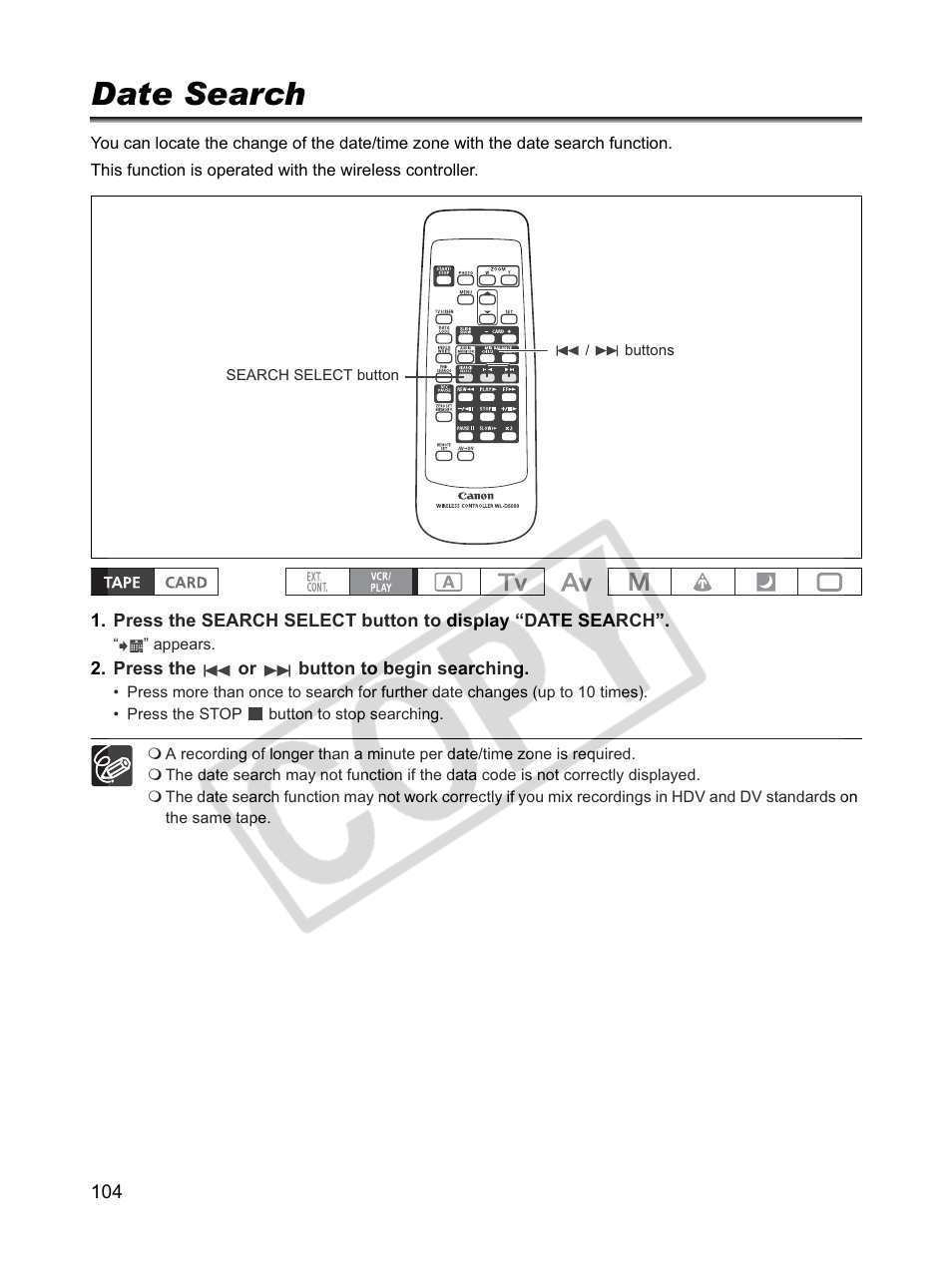 Date search | Canon XLH1 User Manual | Page 104 / 157