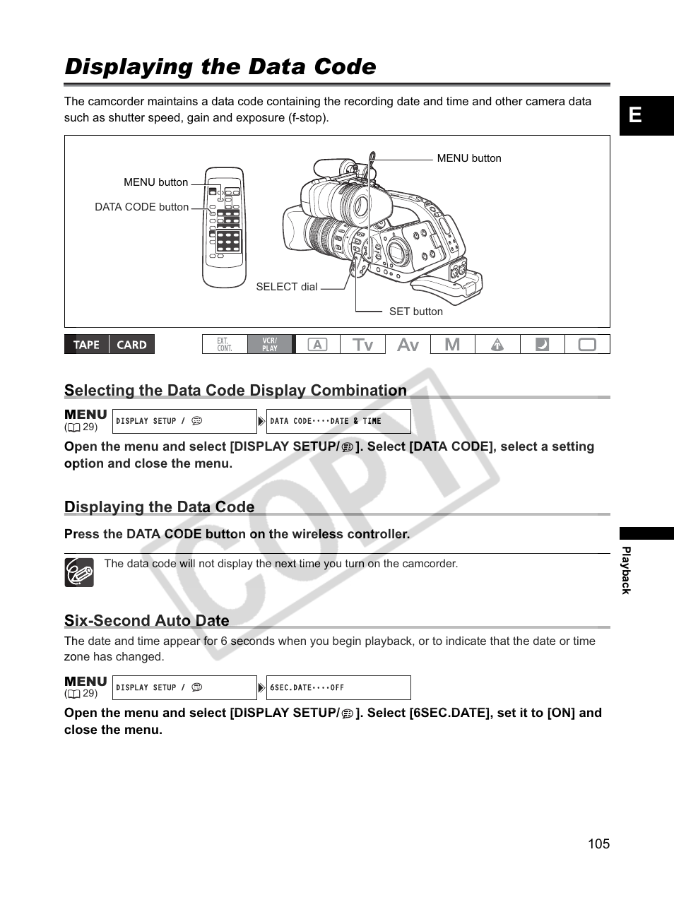 Displaying the data code, Selecting the data code display combination, Six-second auto date | Canon XLH1 User Manual | Page 105 / 157