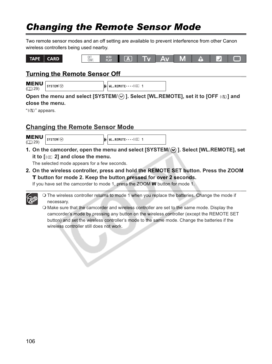 Changing the remote sensor mode, Turning the remote sensor off | Canon XLH1 User Manual | Page 106 / 157