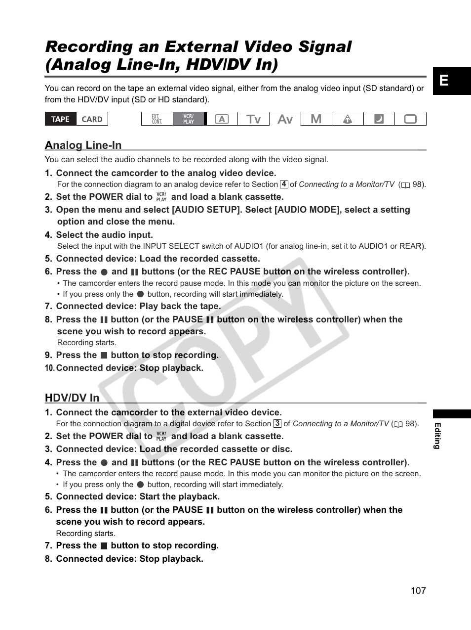 Analog line-in, Hdv/dv in | Canon XLH1 User Manual | Page 107 / 157