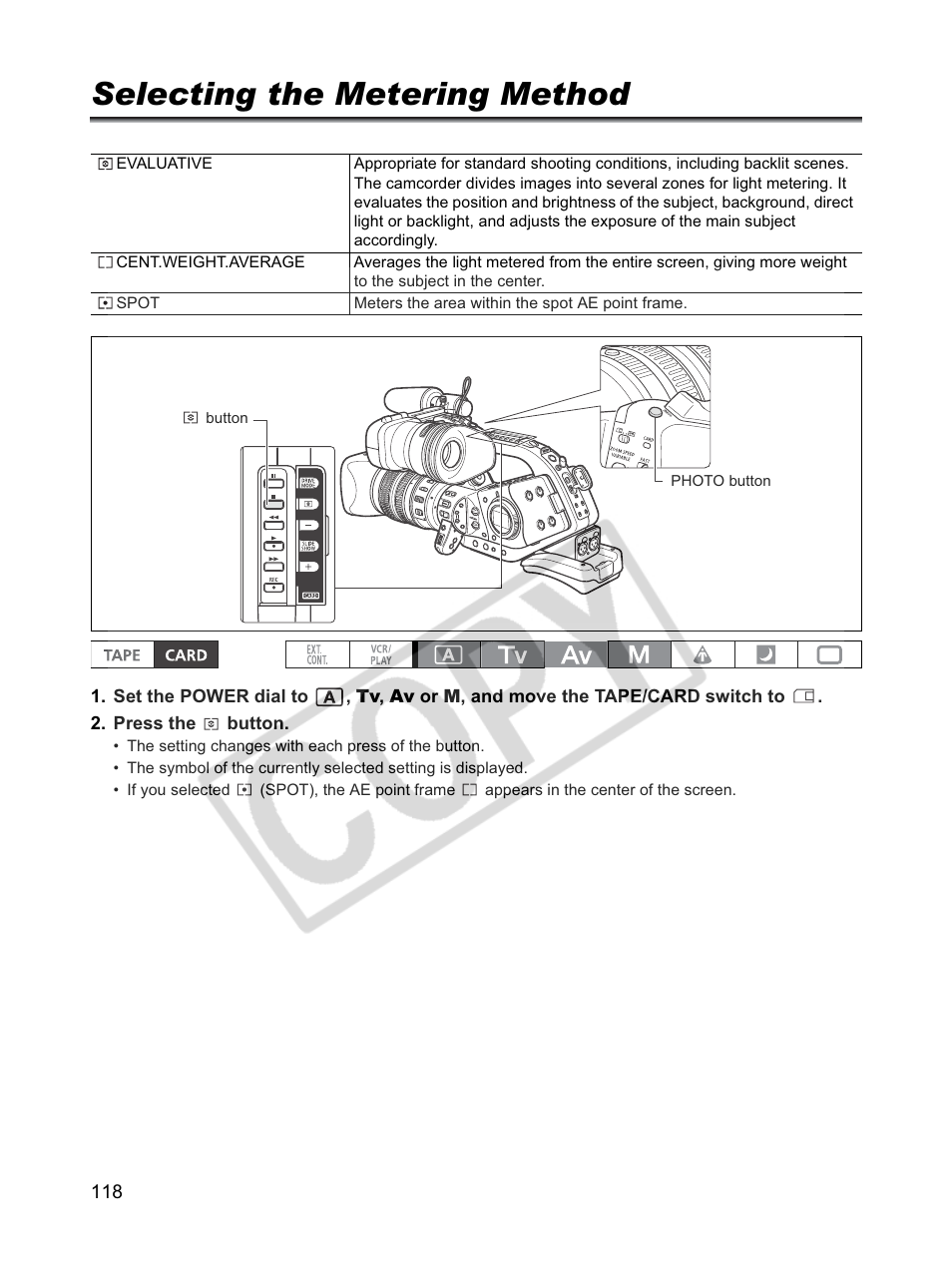 Selecting the metering method | Canon XLH1 User Manual | Page 118 / 157
