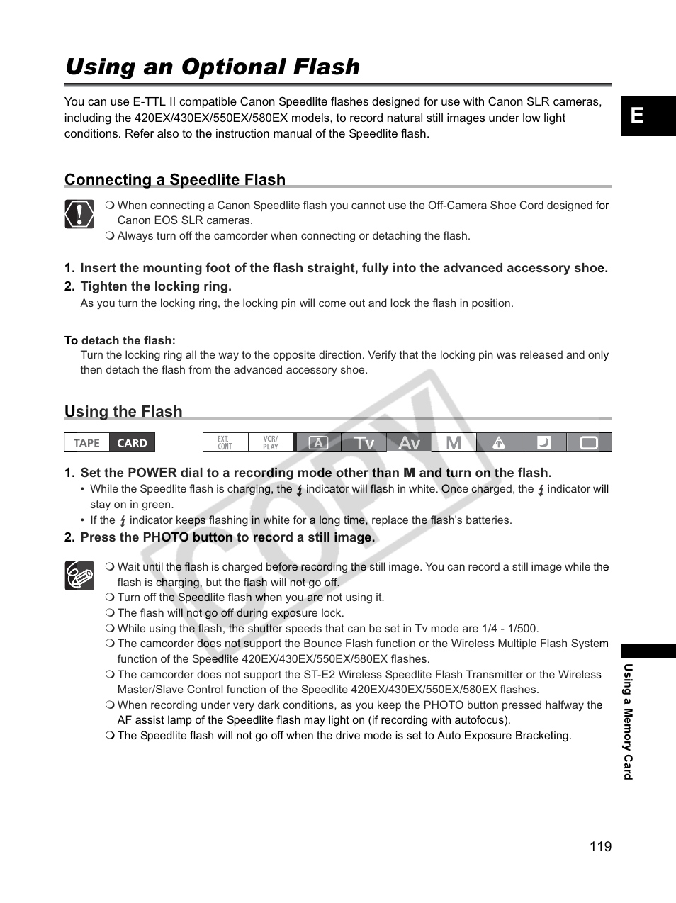Using an optional flash, Connecting a speedlite flash, Using the flash | Canon XLH1 User Manual | Page 119 / 157