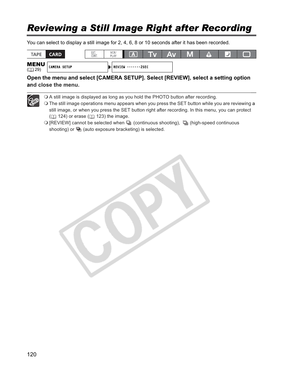 Reviewing a still image right after recording | Canon XLH1 User Manual | Page 120 / 157