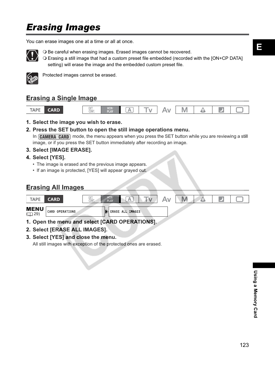 Erasing images, Erasing a single image, Erasing all images | Canon XLH1 User Manual | Page 123 / 157
