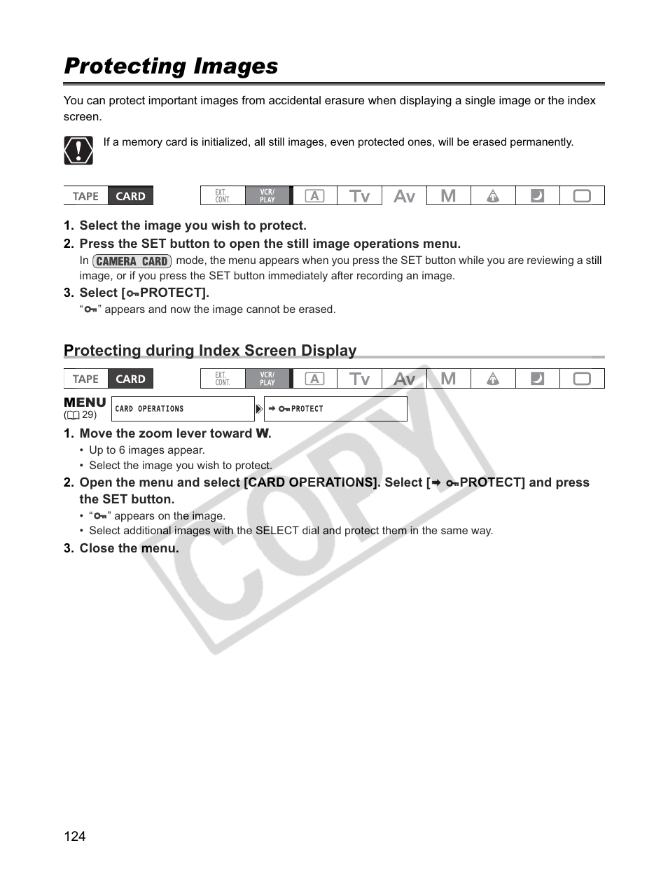 Protecting images, Protecting during index screen display | Canon XLH1 User Manual | Page 124 / 157