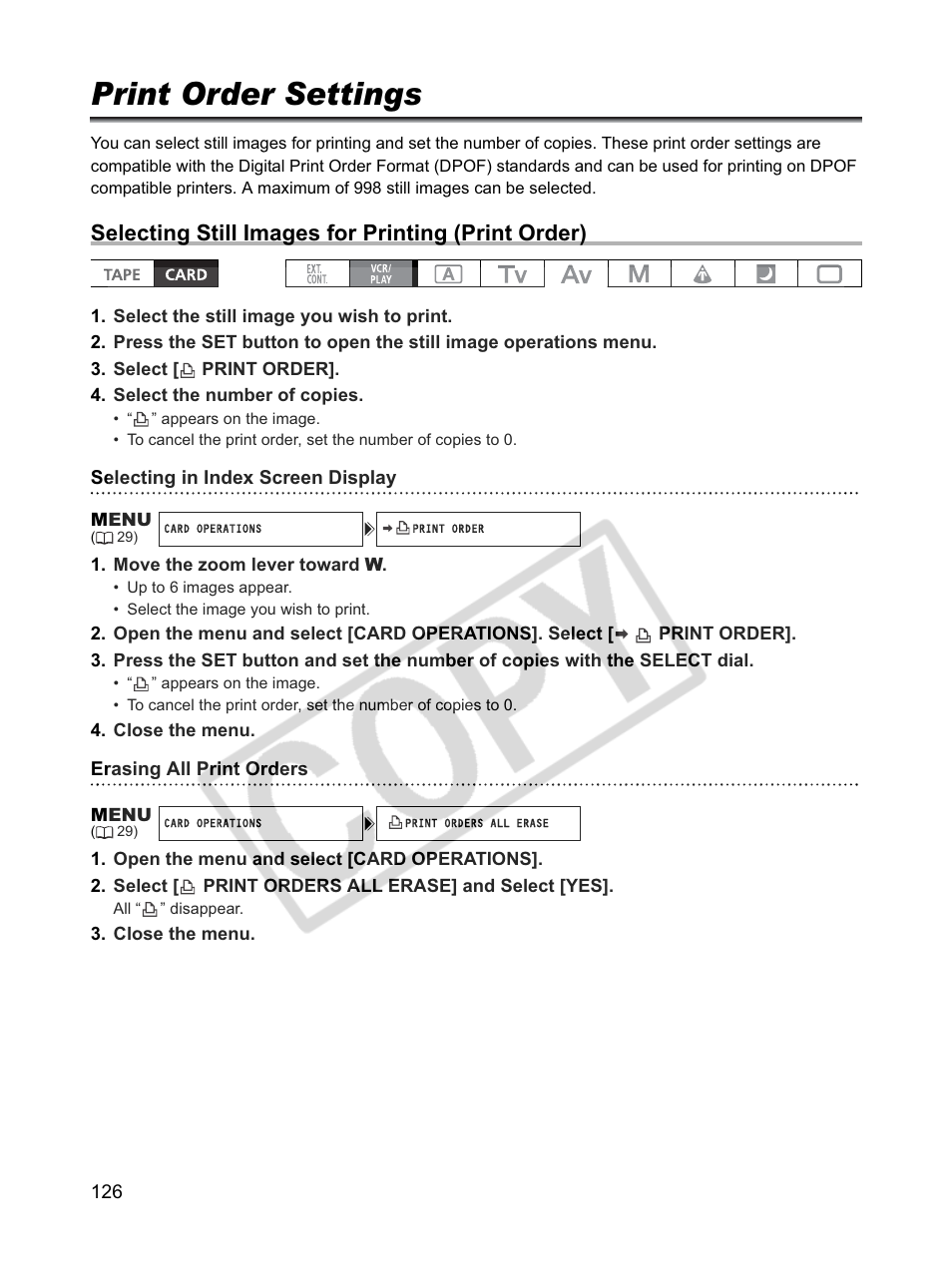 Print order settings, Selecting still images for printing (print order) | Canon XLH1 User Manual | Page 126 / 157