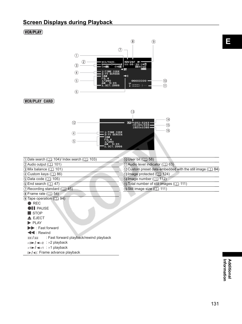 Screen displays during playback | Canon XLH1 User Manual | Page 131 / 157