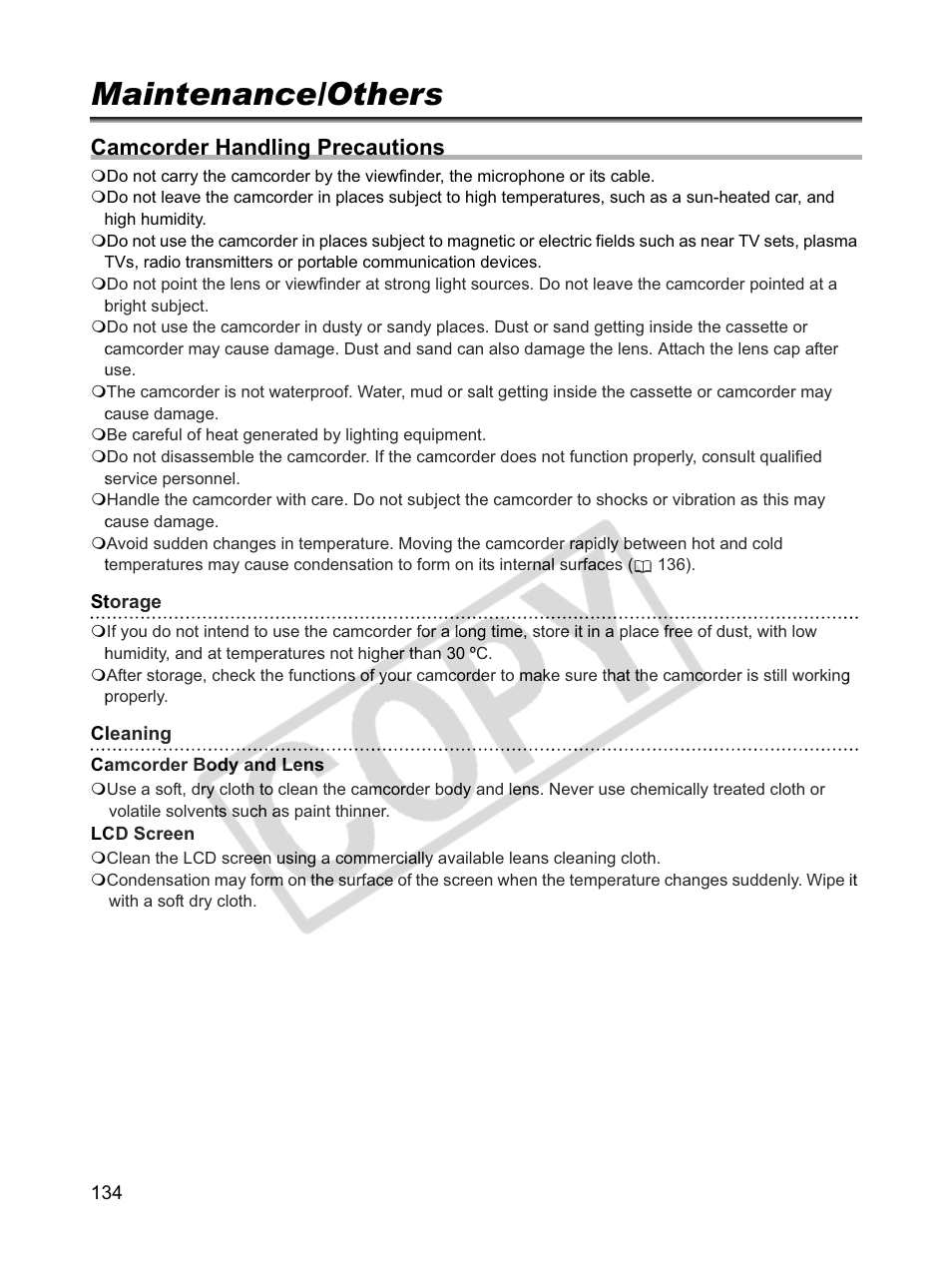 Maintenance/others, Camcorder handling precautions | Canon XLH1 User Manual | Page 134 / 157