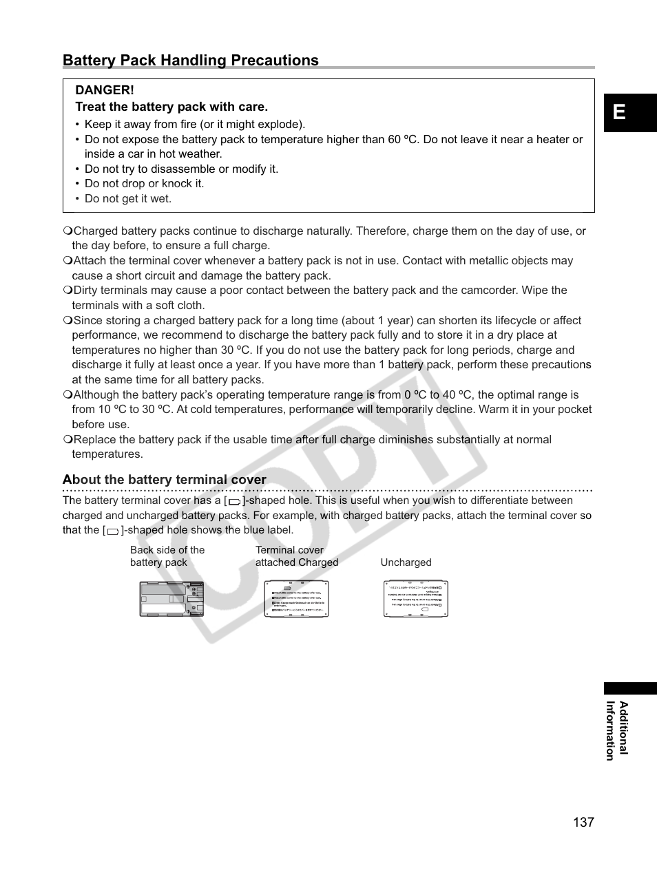 Battery pack handling precautions | Canon XLH1 User Manual | Page 137 / 157