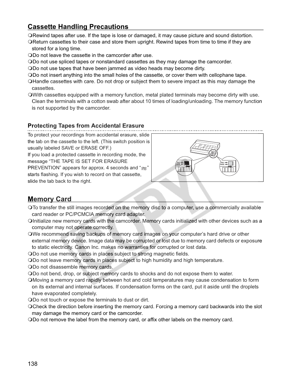 Cassette handling precautions | Canon XLH1 User Manual | Page 138 / 157