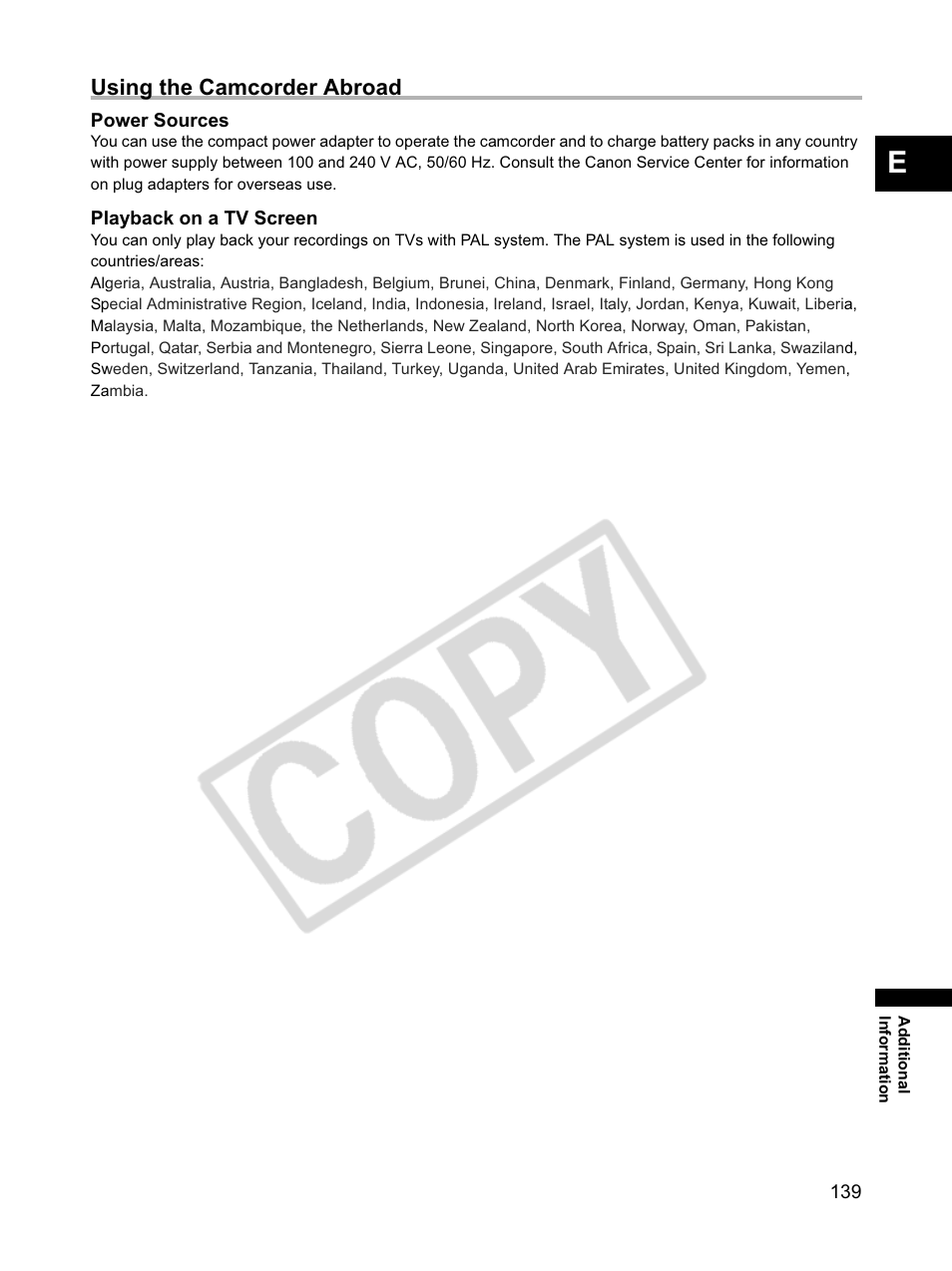 Using the camcorder abroad | Canon XLH1 User Manual | Page 139 / 157
