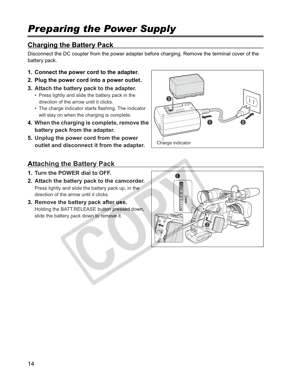 Preparing the power supply, Charging the battery pack, Attaching the battery pack | Canon XLH1 User Manual | Page 14 / 157