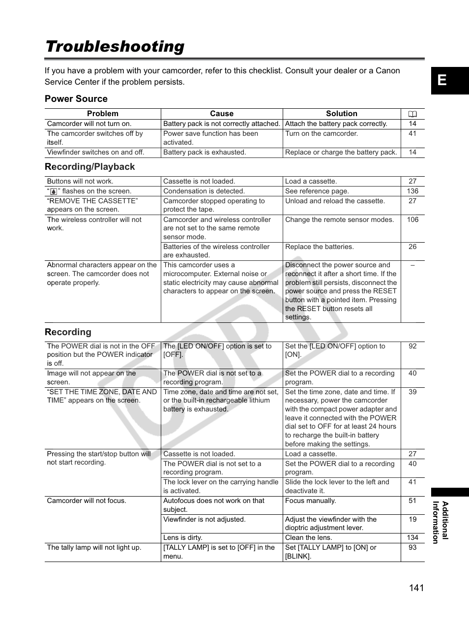 Troubleshooting, Power source recording/playback recording | Canon XLH1 User Manual | Page 141 / 157