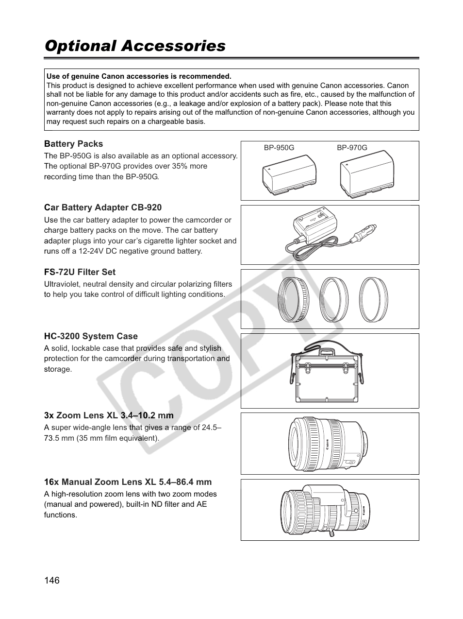 Optional accessories | Canon XLH1 User Manual | Page 146 / 157