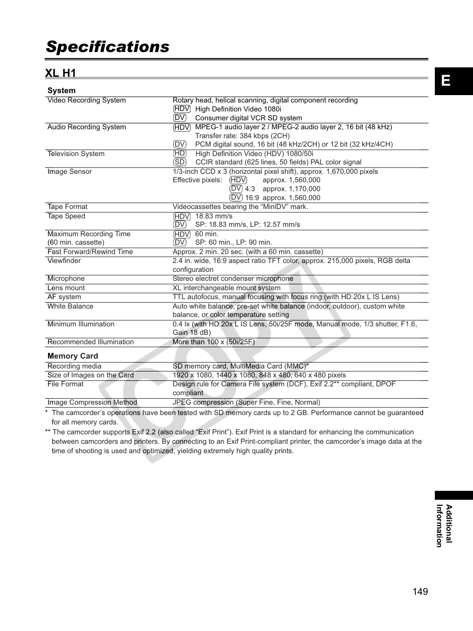 Specifications, Xl h1 | Canon XLH1 User Manual | Page 149 / 157