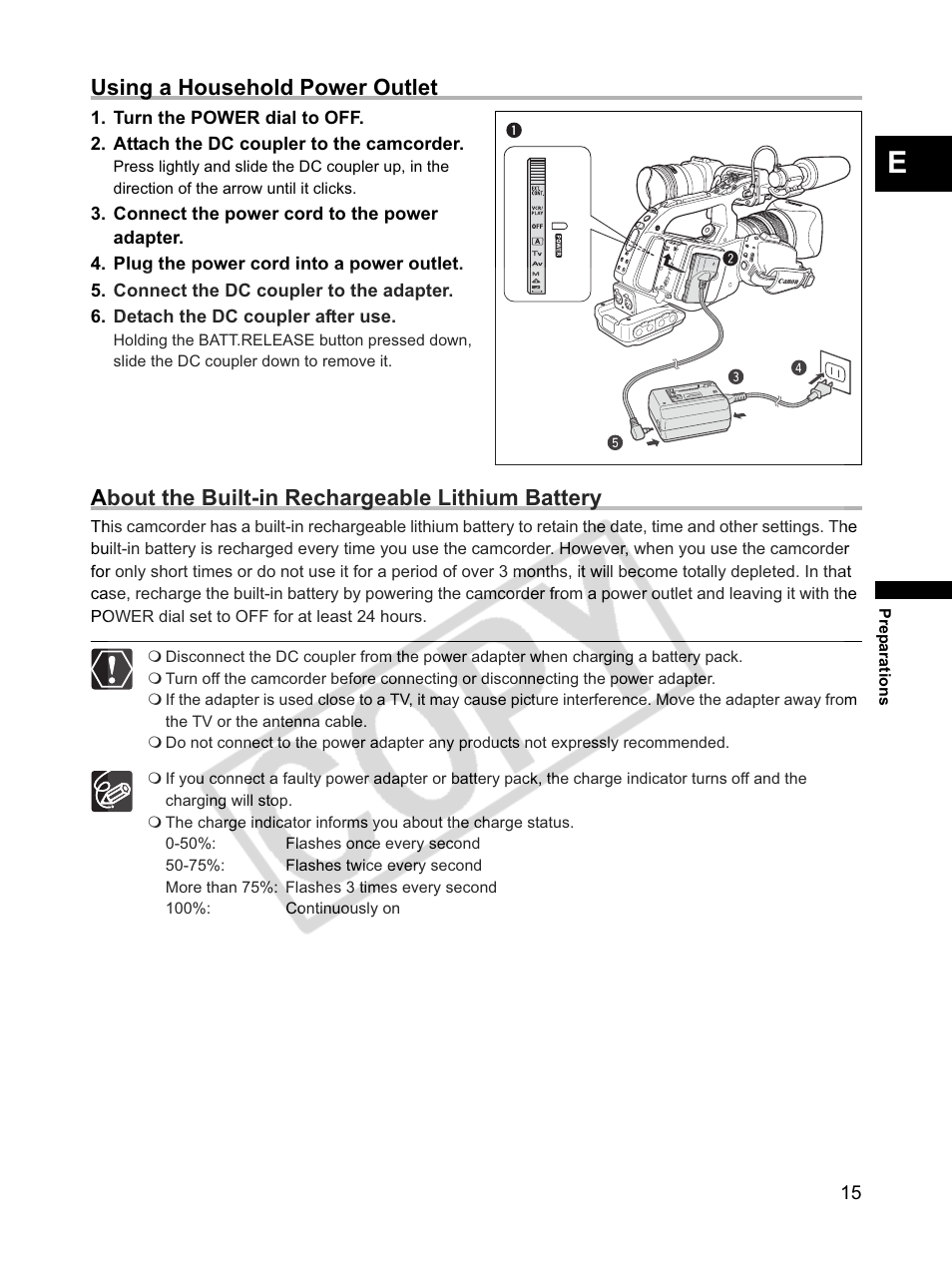 Using a household power outlet, About the built-in rechargeable lithium battery | Canon XLH1 User Manual | Page 15 / 157