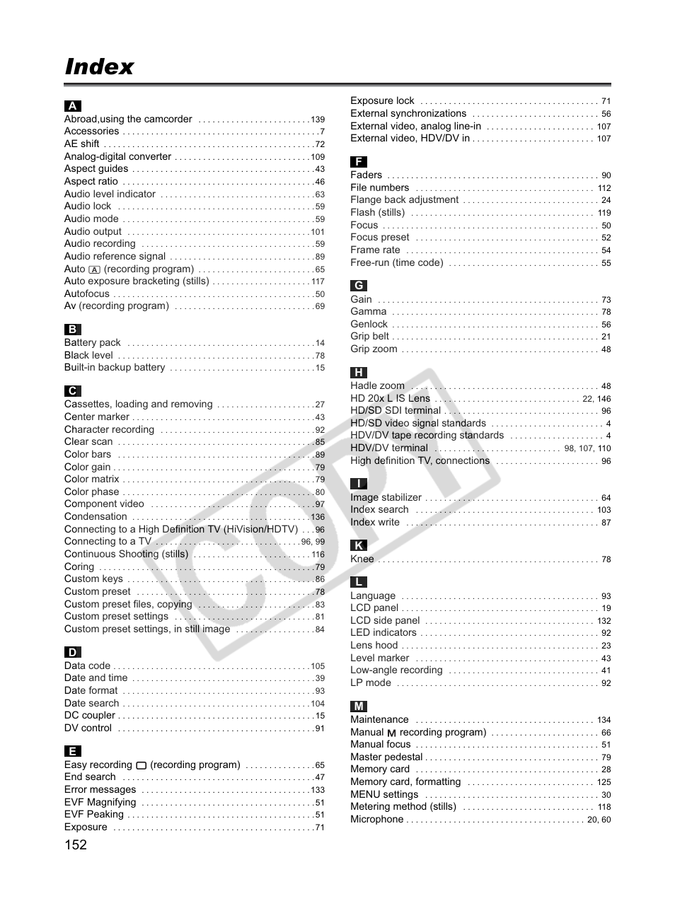 Index | Canon XLH1 User Manual | Page 152 / 157