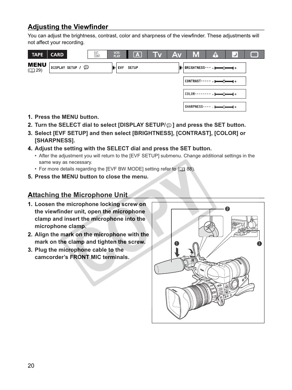 Adjusting the viewfinder, Attaching the microphone unit | Canon XLH1 User Manual | Page 20 / 157