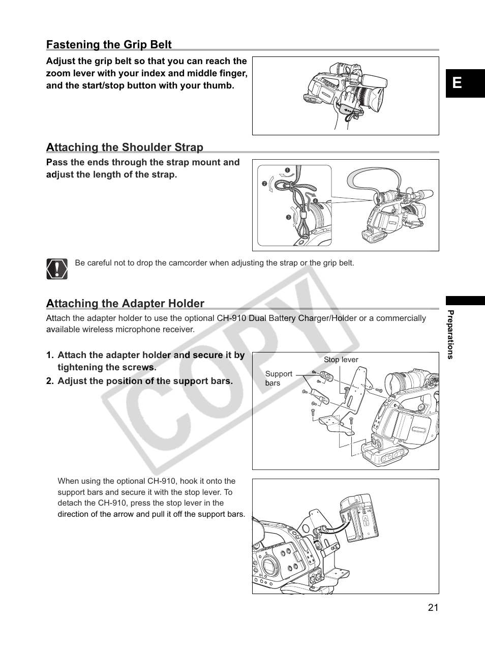 Fastening the grip belt, Attaching the shoulder strap, Attaching the adapter holder | Canon XLH1 User Manual | Page 21 / 157