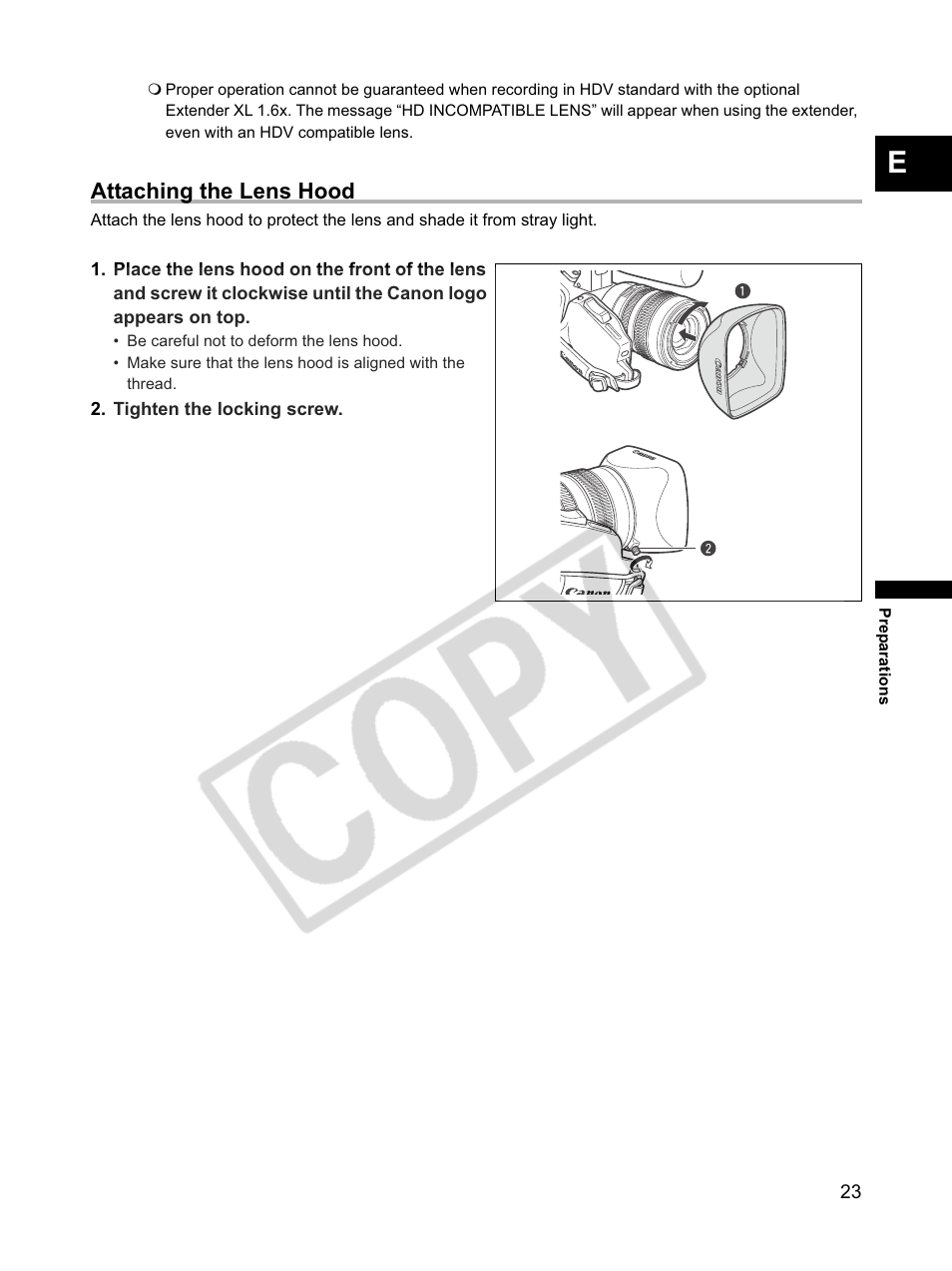 Attaching the lens hood | Canon XLH1 User Manual | Page 23 / 157