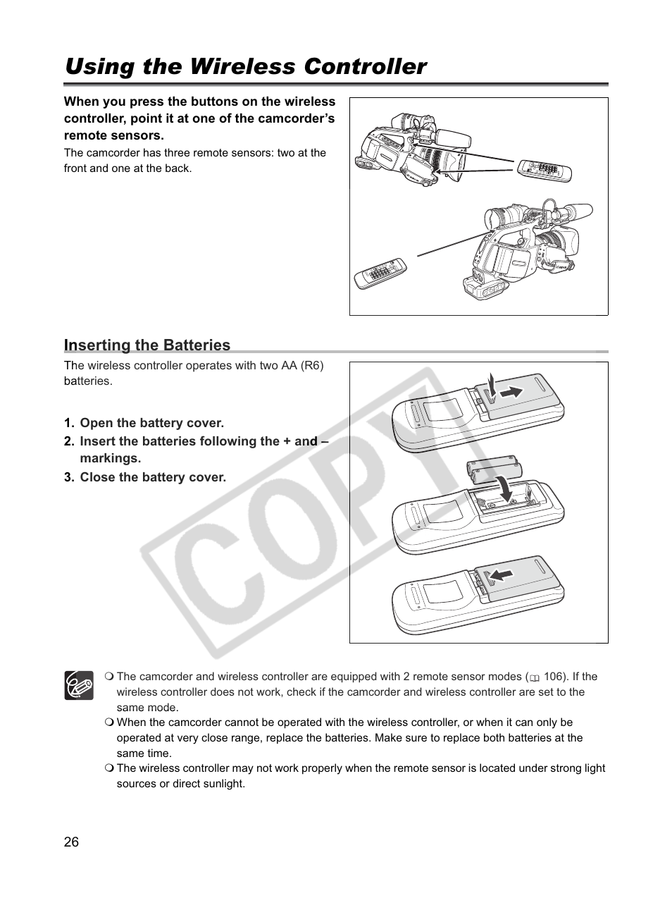 Using the wireless controller, Inserting the batteries | Canon XLH1 User Manual | Page 26 / 157