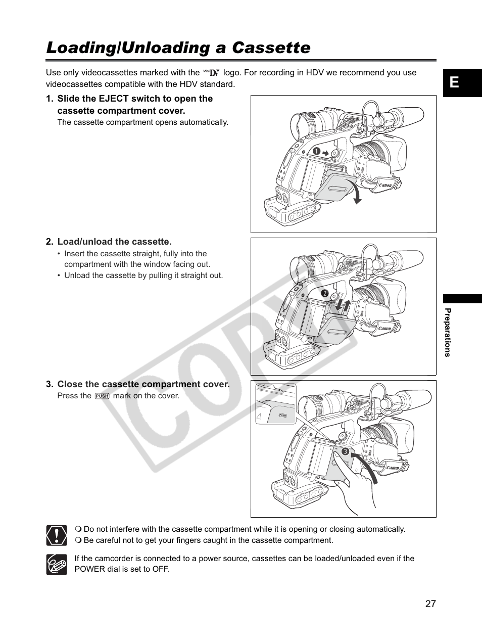 Loading/unloading a cassette | Canon XLH1 User Manual | Page 27 / 157