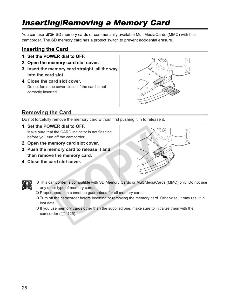 Inserting the card, Removing the card | Canon XLH1 User Manual | Page 28 / 157
