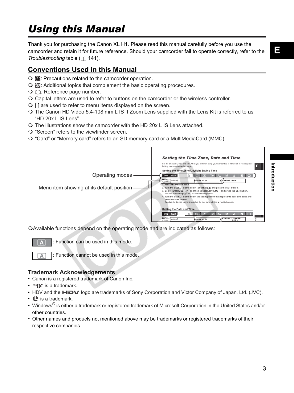 Using this manual, Conventions used in this manual, Trademark acknowledgements | Intr oduction | Canon XLH1 User Manual | Page 3 / 157