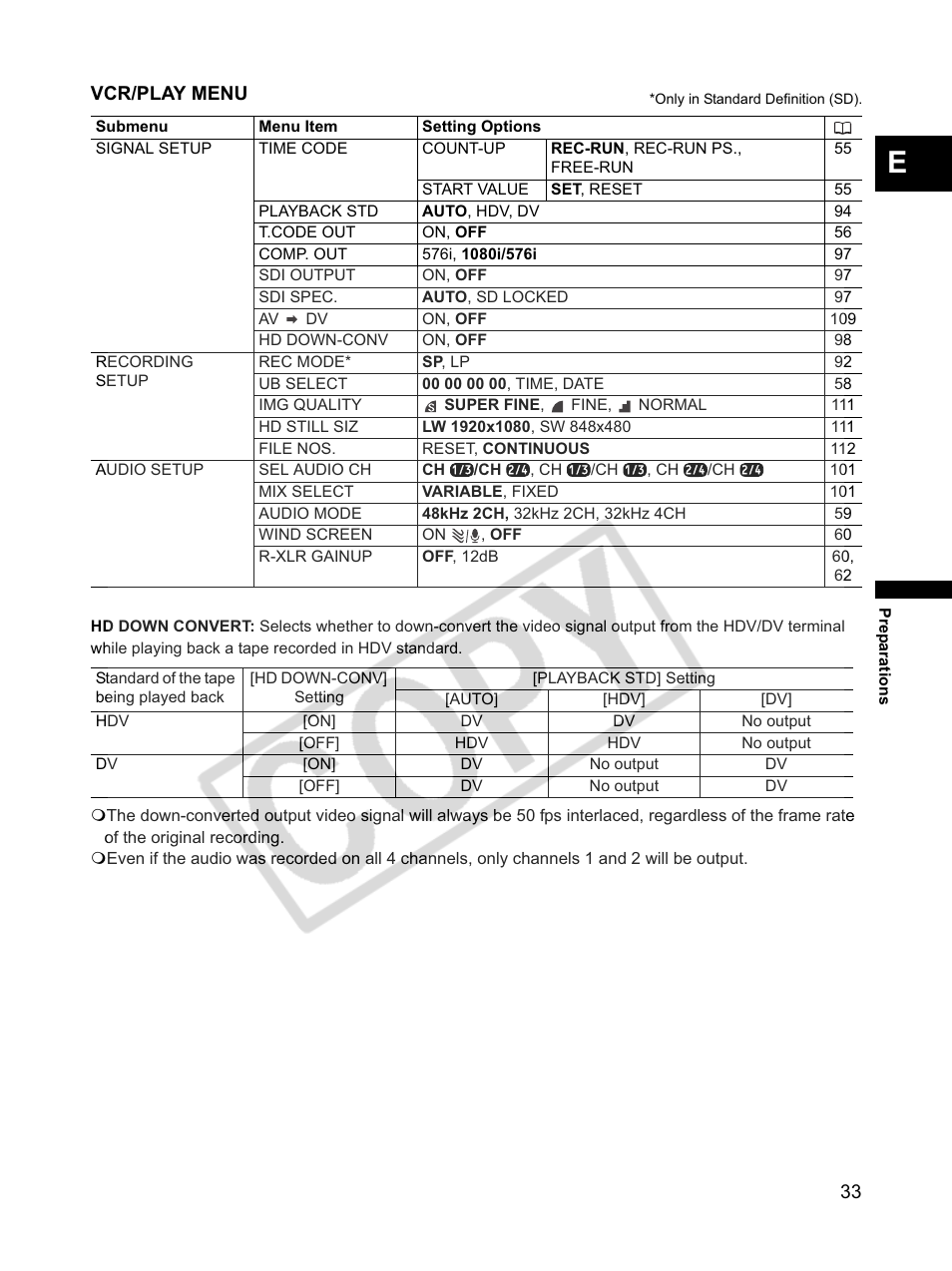Vcr/play menu | Canon XLH1 User Manual | Page 33 / 157