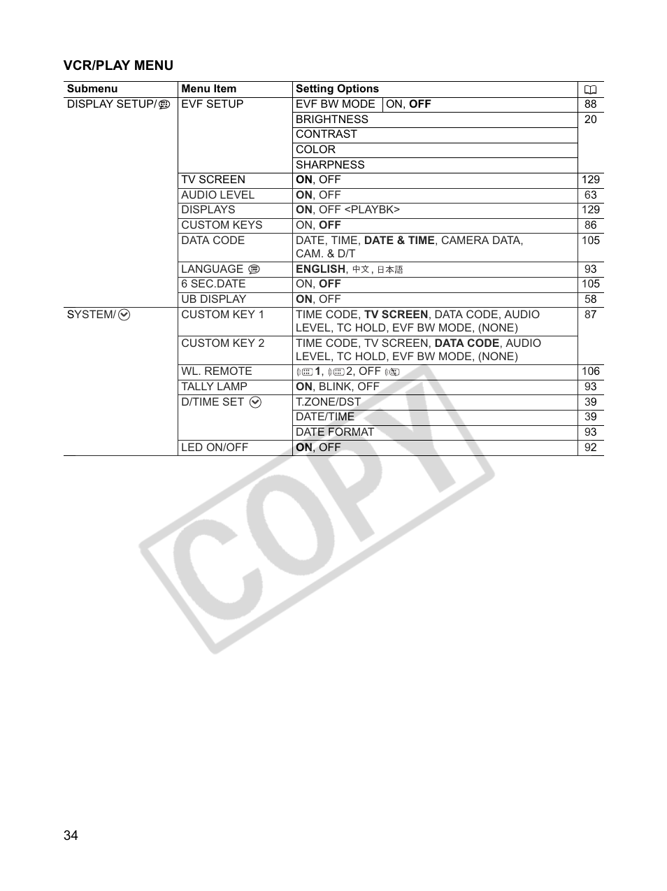 34 vcr/play menu | Canon XLH1 User Manual | Page 34 / 157