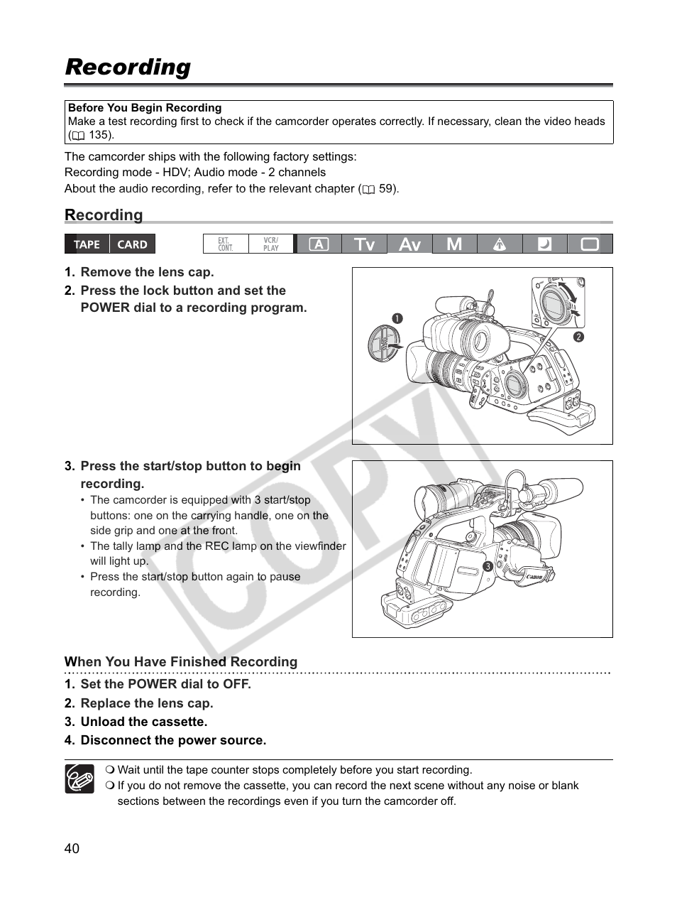 Recording | Canon XLH1 User Manual | Page 40 / 157