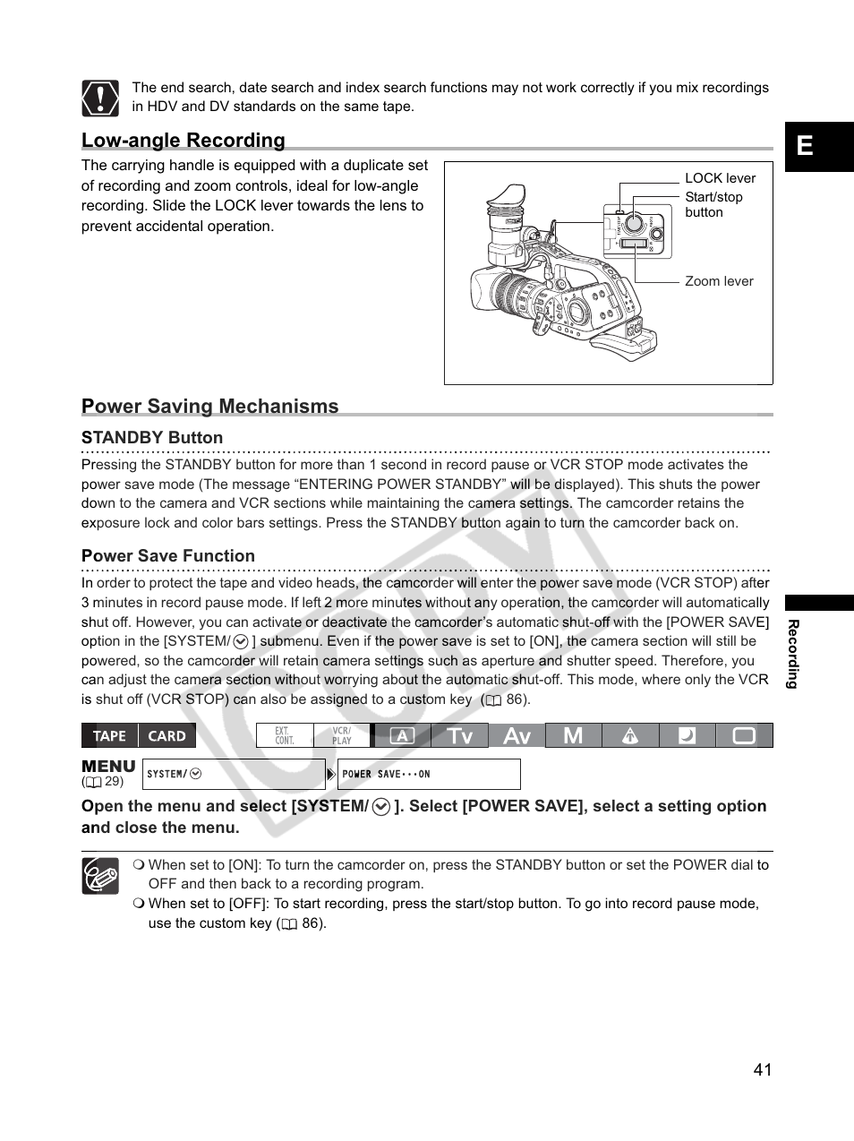 Low-angle recording, Power saving mechanisms | Canon XLH1 User Manual | Page 41 / 157