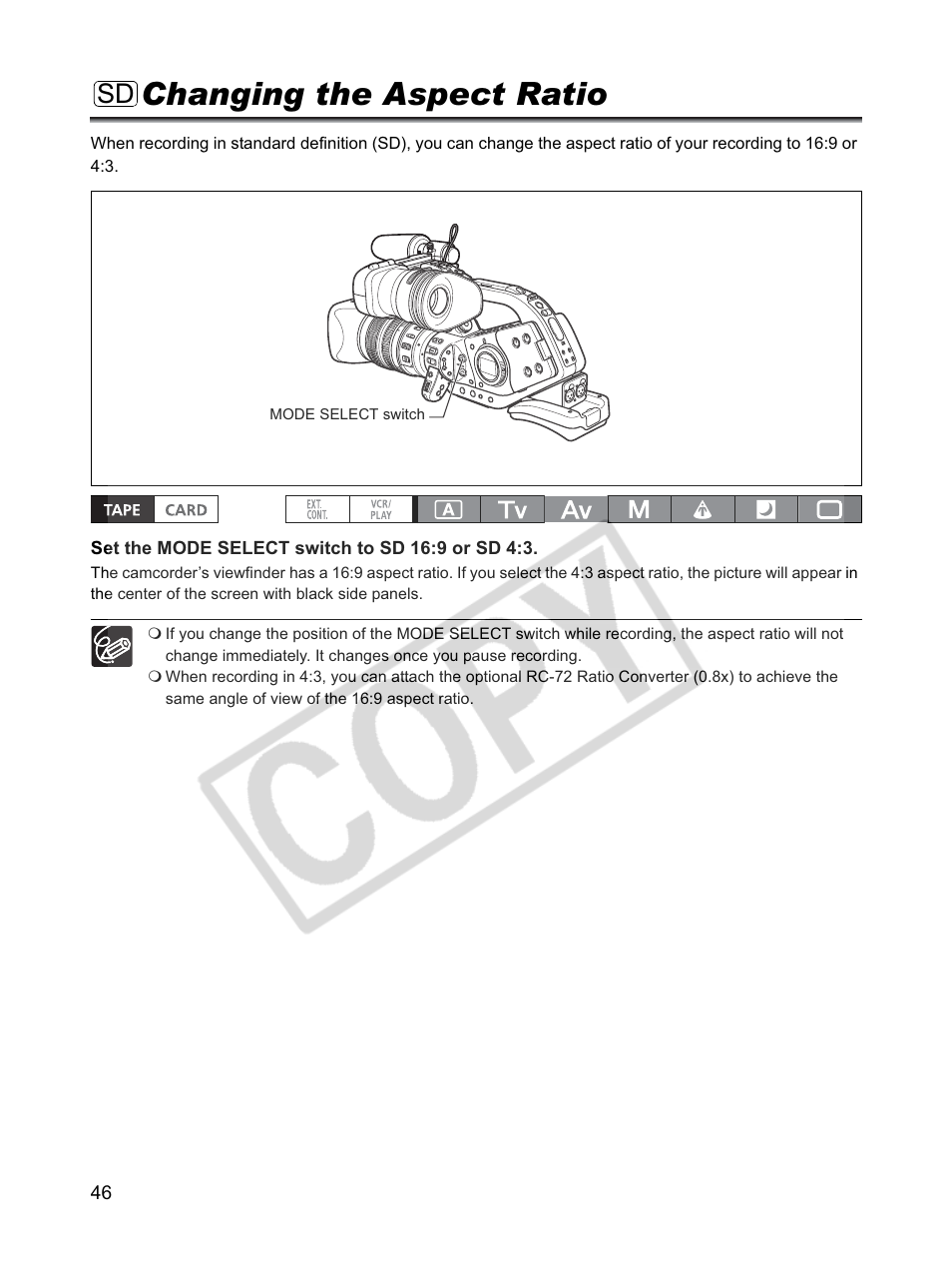 Changing the aspect ratio | Canon XLH1 User Manual | Page 46 / 157