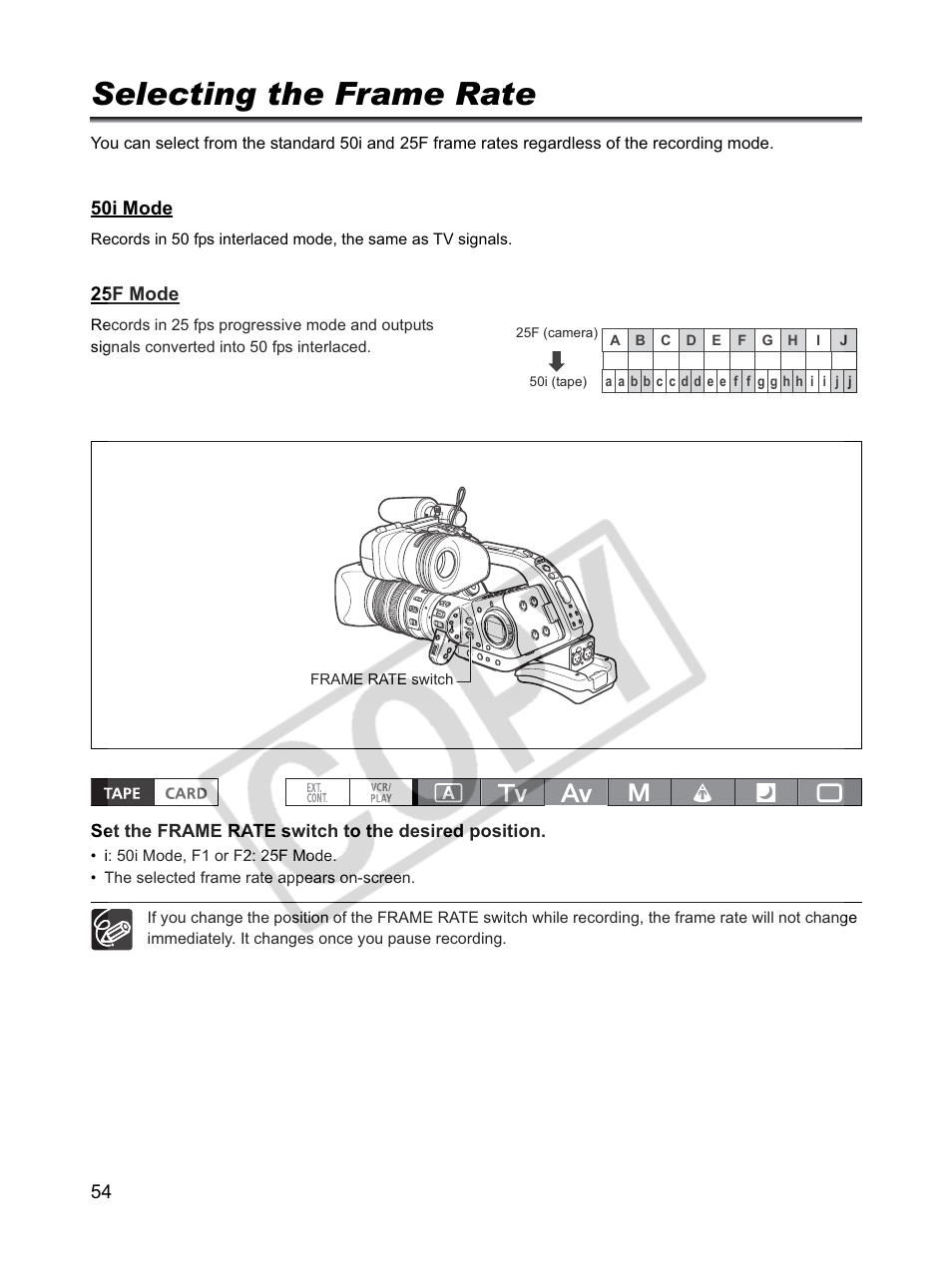 Selecting the frame rate | Canon XLH1 User Manual | Page 54 / 157