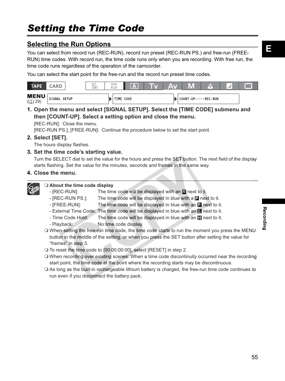 Setting the time code, Selecting the run options | Canon XLH1 User Manual | Page 55 / 157