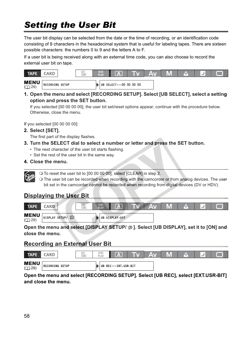 Setting the user bit, Displaying the user bit, Recording an external user bit | Canon XLH1 User Manual | Page 58 / 157