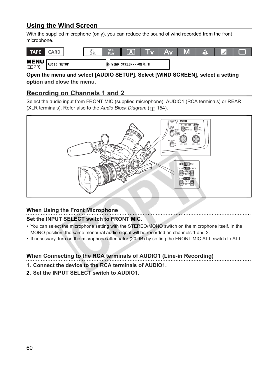 Using the wind screen, Recording on channels 1 and 2 | Canon XLH1 User Manual | Page 60 / 157