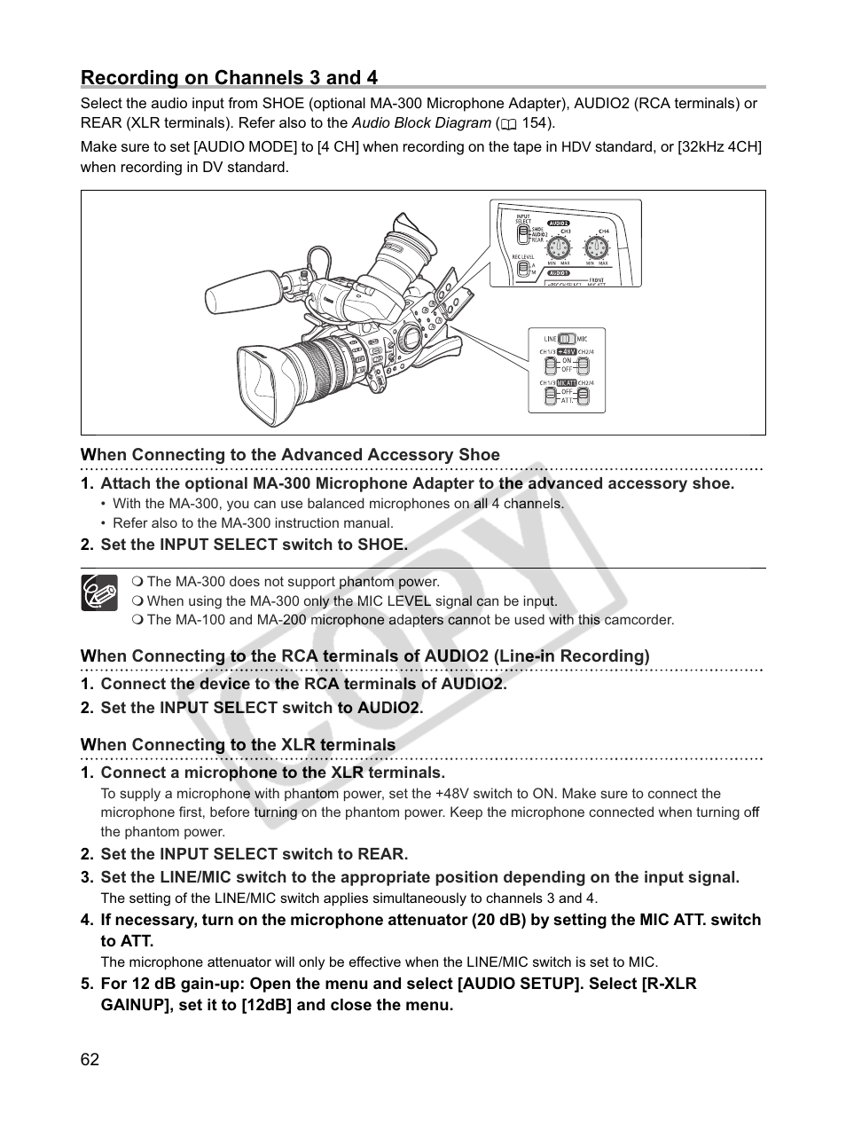 Recording on channels 3 and 4 | Canon XLH1 User Manual | Page 62 / 157