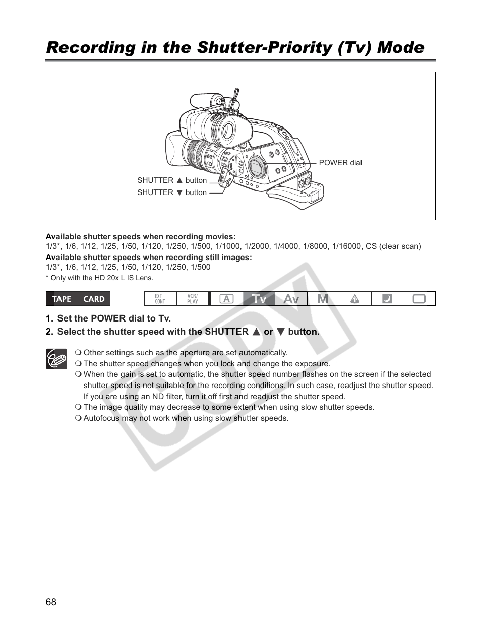 Recording in the shutter-priority (tv) mode | Canon XLH1 User Manual | Page 68 / 157