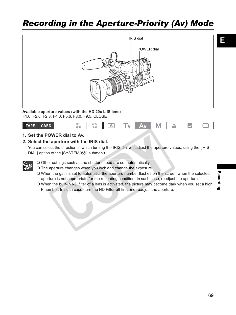 Recording in the aperture-priority (av) mode | Canon XLH1 User Manual | Page 69 / 157