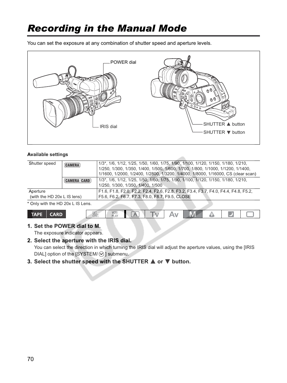 Recording in the manual mode | Canon XLH1 User Manual | Page 70 / 157