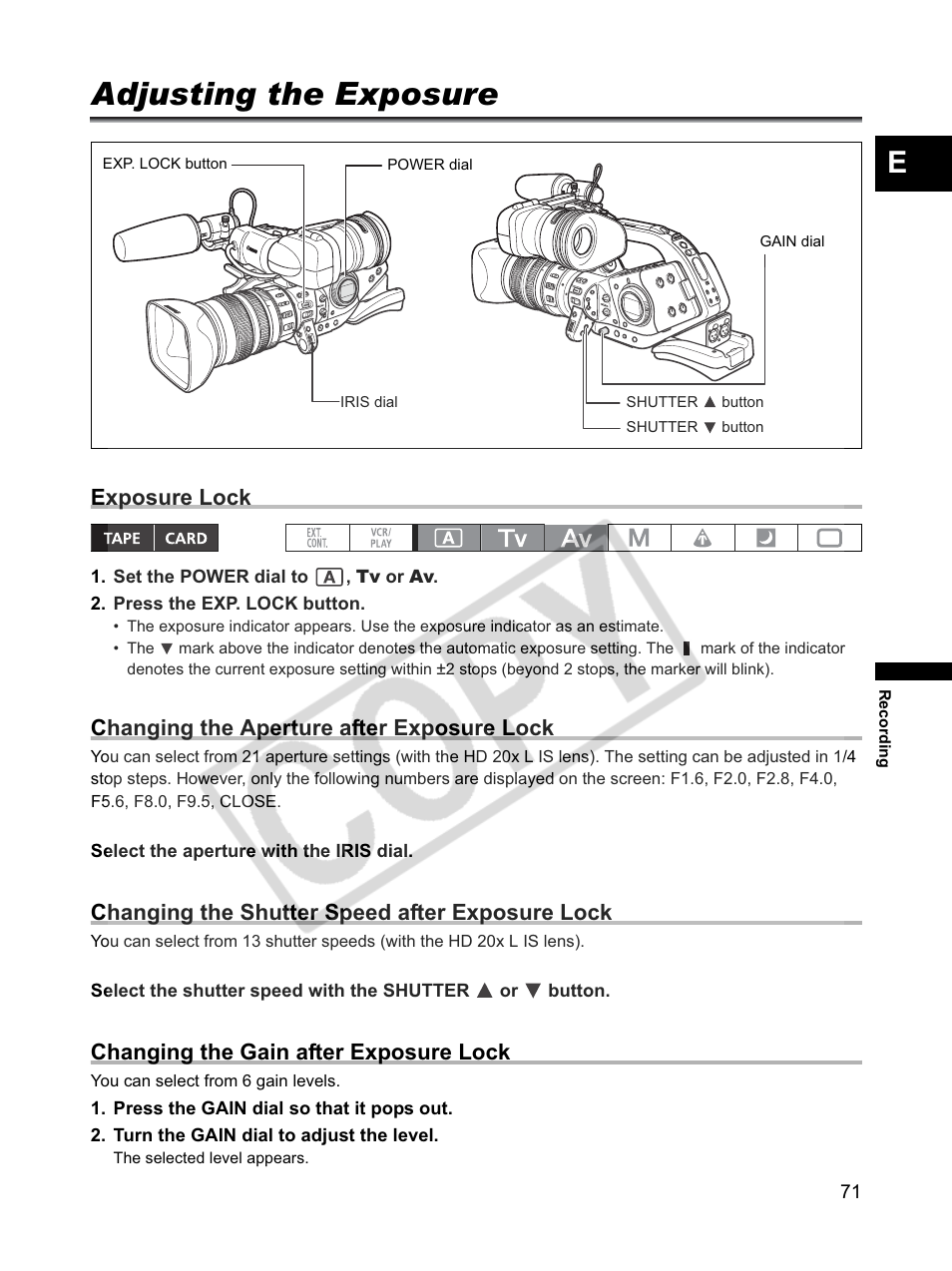 Adjusting the exposure, Exposure lock, Changing the aperture after exposure lock | Changing the shutter speed after exposure lock, Changing the gain after exposure lock | Canon XLH1 User Manual | Page 71 / 157