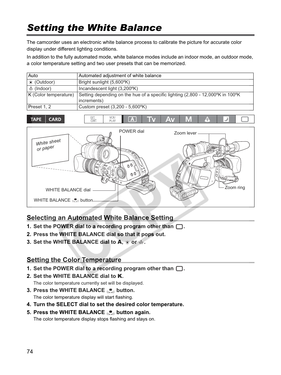 Setting the white balance, Selecting an automated white balance setting, Setting the color temperature | Canon XLH1 User Manual | Page 74 / 157