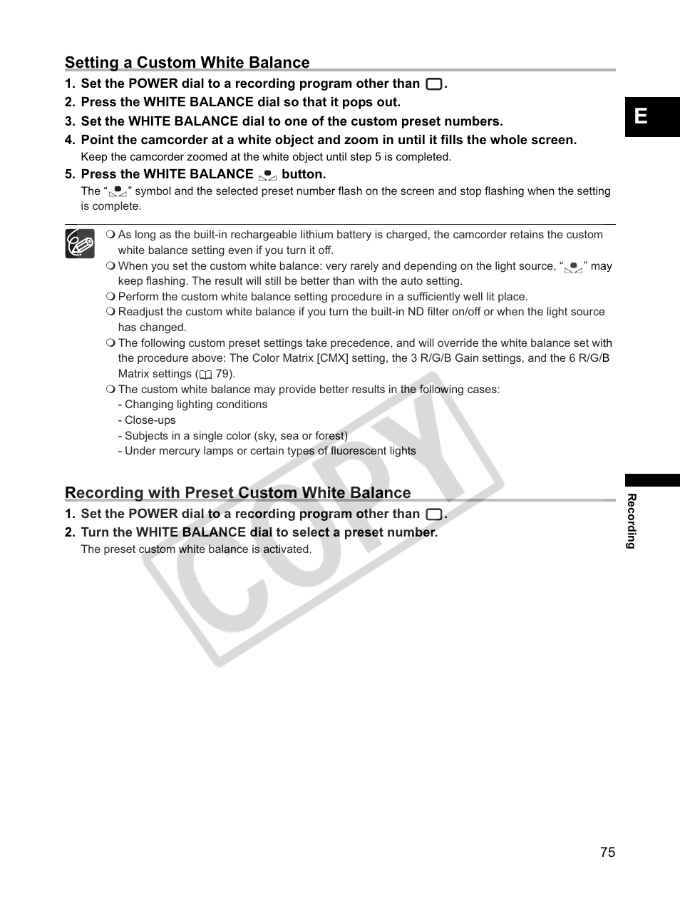 Setting a custom white balance, Recording with preset custom white balance | Canon XLH1 User Manual | Page 75 / 157